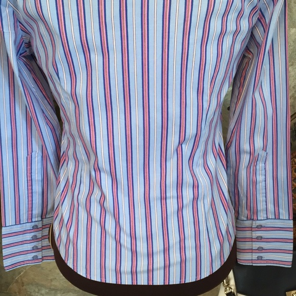 Ninety 🌹Shirt top blouse tunic striped shape flattering 4 button cuff - Picture 8 of 8